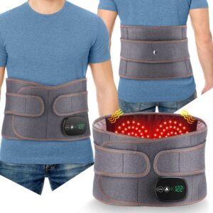 Gray back support belt with orange stitching and digital display showing 122°C; worn front and back with LED interior