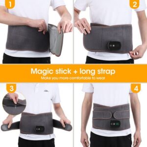 Four-panel guide showing person wearing heated waist belt; Velcro strap and 65°C display highlighted