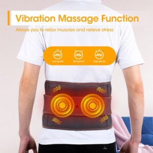 Person wearing vibration massage belt with two circular nodes emitting wave graphics; intensity levels shown
