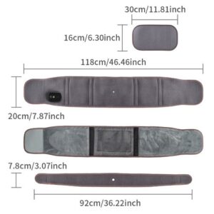Set of four wearable fabric components with labeled dimensions in cm and inches; includes control unit and mesh insert