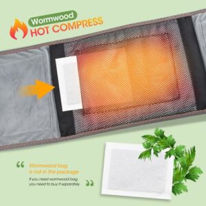 Fabric compress with glowing mesh pocket and arrow pointing to wormwood bag insert; herbal therapy overlay
