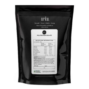 black resealable pouch of Orku Pea Protein Isolate showing nutrition label with 25.7g protein, 0.6g fat, 0.9g carbs, 523kJ energy, 354mg sodium, and 4.4mg iron per 30g serve