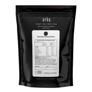 black resealable pouch of Orku Creatine Monohydrate showing label with 5g creatine per 5g serve, zero fat, carbs, sugars, sodium, and energy, includes mixing directions and branding