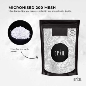 black and white Orku pouch with circular logo and abstract design, inset close-up of ultra-fine white powder labeled 200 mesh, overlaid text highlights improved solubility and absorption, arrow points from powder to pouch