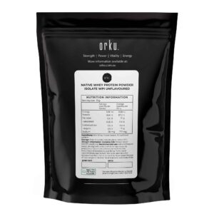 black resealable pouch of Orku Native Whey Protein Isolate WPI Unflavoured with branding and nutrition label showing 27g protein per 30g serve, 0.3g fat, 0.5g carbs, and 565kJ energy