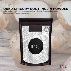 Orku Chicory Root Inulin Powder black package with contour-line design; chicory roots in background and Australian Owned badge