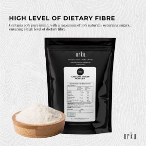 Orku Chicory Inulin Powder black package beside wooden bowl of powder; overlay highlights fibre content and certifications