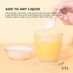 Hand pouring white powder from wooden spoon into glass of orange juice; overlay highlights versatility of chicory inulin
