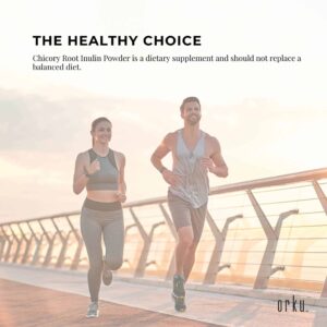 Two joggers on elevated path at sunrise; overlay promotes Chicory Root Inulin Powder as a healthy dietary supplement