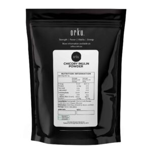 Black Orku Chicory Inulin Powder package with white label and nutritional table; promotes strength and vitality