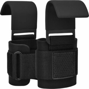 Pair of weight lifting hooks straps with rubber coated steel hooks, neoprene padding, and nylon straps