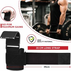 Close-up of wrist strap with hook and labeled dimensions; gym background shows deadlift in progress
