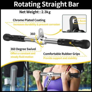 chrome-plated rotating straight bar with non-slip rubber grips, shown in use on lat pulldown machine with feature callouts for swivel and comfort