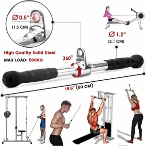 solid steel straight bar with rotating center and rubber grips, shown with exercise illustrations for seated rows, lat pulldowns, and tricep pushdowns