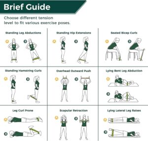 3x3 grid showing nine resistance band exercises with labeled titles and A/B variations, including standing leg abductions, hip extensions, bicep curls, hamstring curls, overhead push, bent leg abduction, prone curl, scapular retraction, and lateral leg raises