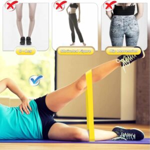 woman performing side leg lift with resistance band on yoga mat, shown below three red X-marked images labeled "O-Leg," "Shriveled Figure," and "Hip Depression," with blue checkmark indicating corrective exercise