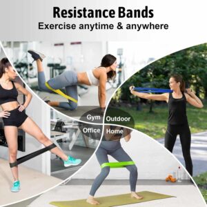 four-panel collage showing individuals using resistance bands in gym, office, home, and outdoor settings with central text reading "Resistance Bands — Exercise anytime & anywhere"