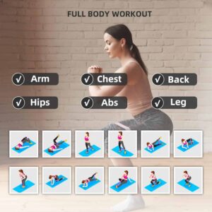 woman performing squat in front of brick wall with overlay icons for targeted areas: arm, chest, back, hips, abs, and leg; below is a grid of twelve illustrated exercises on blue mats including bridges, planks, squats, lunges, and crunches