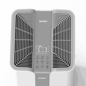 Ionmax+ air purifier top panel with digital PM2.5 display and touch buttons for UVX, IONX, and WiFi