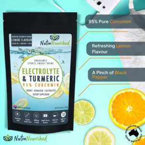 NutraNourished endurance drink with lemon flavour and 95% curcumin; packaging shows citrus slices and supplement benefits