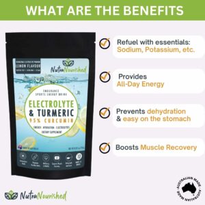 NutraNourished Electrolyte & Turmeric 95% Curcumin powder with lemon flavour; packaging shows benefits and icons