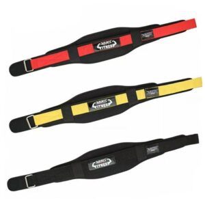 three AOlikes Fitness branded weightlifting belts in red-black, yellow-black, and all-black designs, each with padded back support for strength training