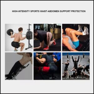 six-panel collage showing athletes using waist-abdomen support belts during squats, planks, leg raises, crunches, deadlifts, and group lifting in gym settings
