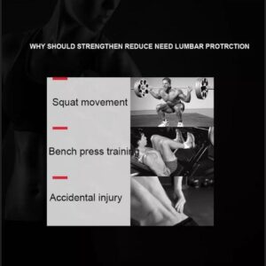 black-and-white gym safety graphic listing stuck movement, bench press injury, and accidental injury with photos and warning text about lumbar protection