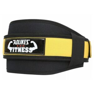 black and yellow AOLIKES FITNESS belt with flexed arm logo, designed for core and back support during heavy lifting and strength training