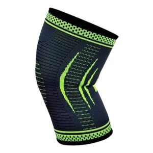 Black knee compression sleeve with neon green accents and textured grip; designed for support and recovery