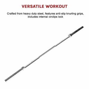 Promotional image of 7ft 20kg Olympic barbell made from heavy-duty steel with anti-slip knurling grips and internal circlips lock, text overlay reads versatile workout