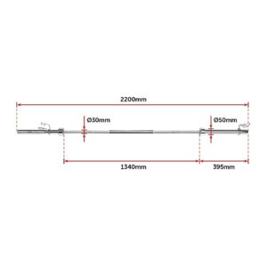 Technical drawing of the CORTEX SPARTAN205 7ft 20kg Olympic barbell showing 2200mm total length, 30mm shaft diameter, and 50mm sleeve diameter