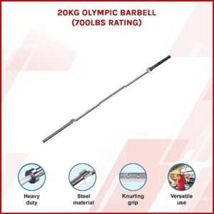 Promotional image of a 20kg Olympic barbell with 2000lb rating, showing needle bearing, brass bushing, knurling grip, and standard grip features