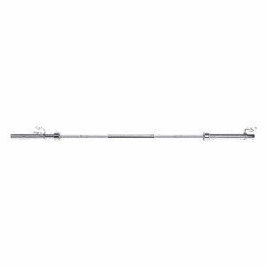 Standard 7ft 20kg Olympic barbell with knurled grip, rotating sleeves, and spring collars for securing weight plates