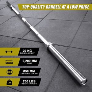 Promotional image of CORTEX SPARTAN205 7ft 20kg Olympic barbell with specifications including 1500lb tensile strength, 250,000 PSI steel rating, and 700lb max load