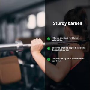 Lifestyle image of CORTEX SPARTAN205 7ft 20kg Olympic barbell being lifted in a gym with feature highlights including 45lb weight, medium knurling, and steel coating