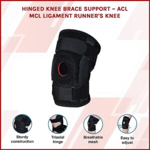 Black hinged knee brace with red patella ring and adjustable straps; overlay highlights ACL/MCL support features