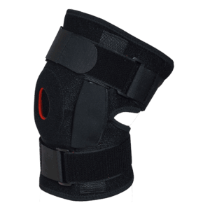 Black knee brace with red patella ring and Velcro straps; designed for orthopedic support and rehabilitation