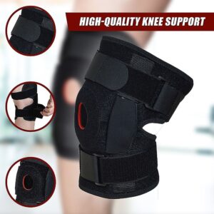 Black knee brace with red patella ring and Velcro straps; inset images show brace from multiple angles