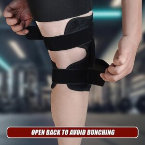 Close-up of leg wearing black knee brace with open back and multiple straps; gym background and comfort overlay