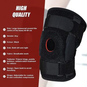 Black knee brace with breathable mesh and open back; overlay lists features including hinge, straps, and sizing