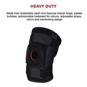 Heavy-duty knee brace with breathable mesh, hinge system, and Velcro straps; overlay highlights support features