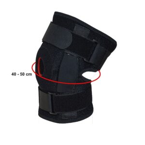 Black orthopedic knee brace with circular patella cutout and Velcro straps; sizing overlay shows 40–50 cm fit
