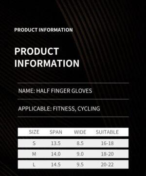 black background image showing half finger gloves details for fitness and cycling, with sizing chart for palm width and suitable hand size
