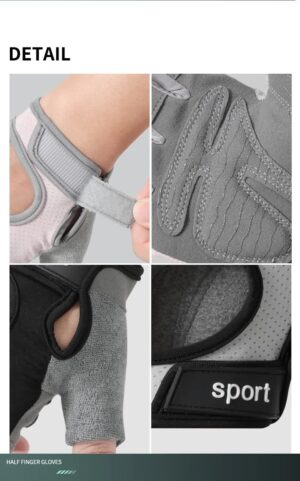 four-panel collage showing sport glove features including wrist strap adjustment, padded interior, ankle cutout design, and SPORT branding