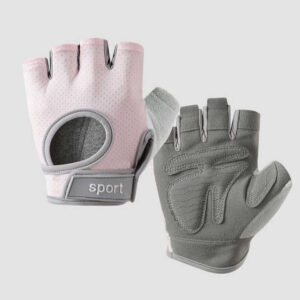 pair of fingerless gloves showing pink back with SPORT strap and gray palm with padded grip, designed for fitness and training