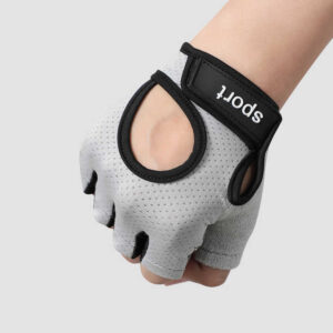 gray and black fingerless glove with SPORT wrist strap, shown on clenched hand with dual cutouts for breathability and ergonomic fit