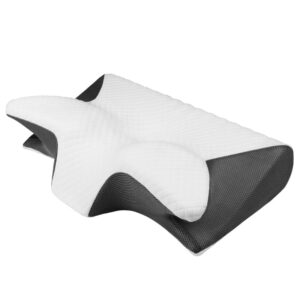 Contoured ergonomic pillow with white quilted surface and black mesh sides; designed for neck and spine support