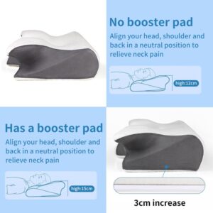 Ergonomic pillow comparison showing 12cm and 15cm heights with booster pad; illustrations of sleep posture alignment