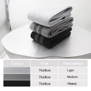 three stacked resistance bands in light gray, medium gray, and black on metallic surface, shown above chart listing color, size (76x8cm), and resistance levels: Light, Medium, Heavy